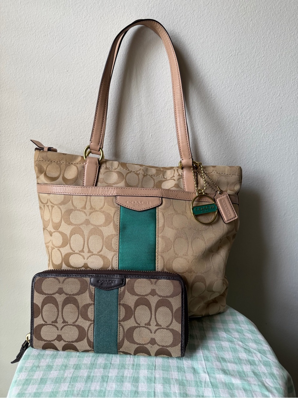 BUNDLE Coach Signature Stripe Emerald Tote Bag and Wallet Set